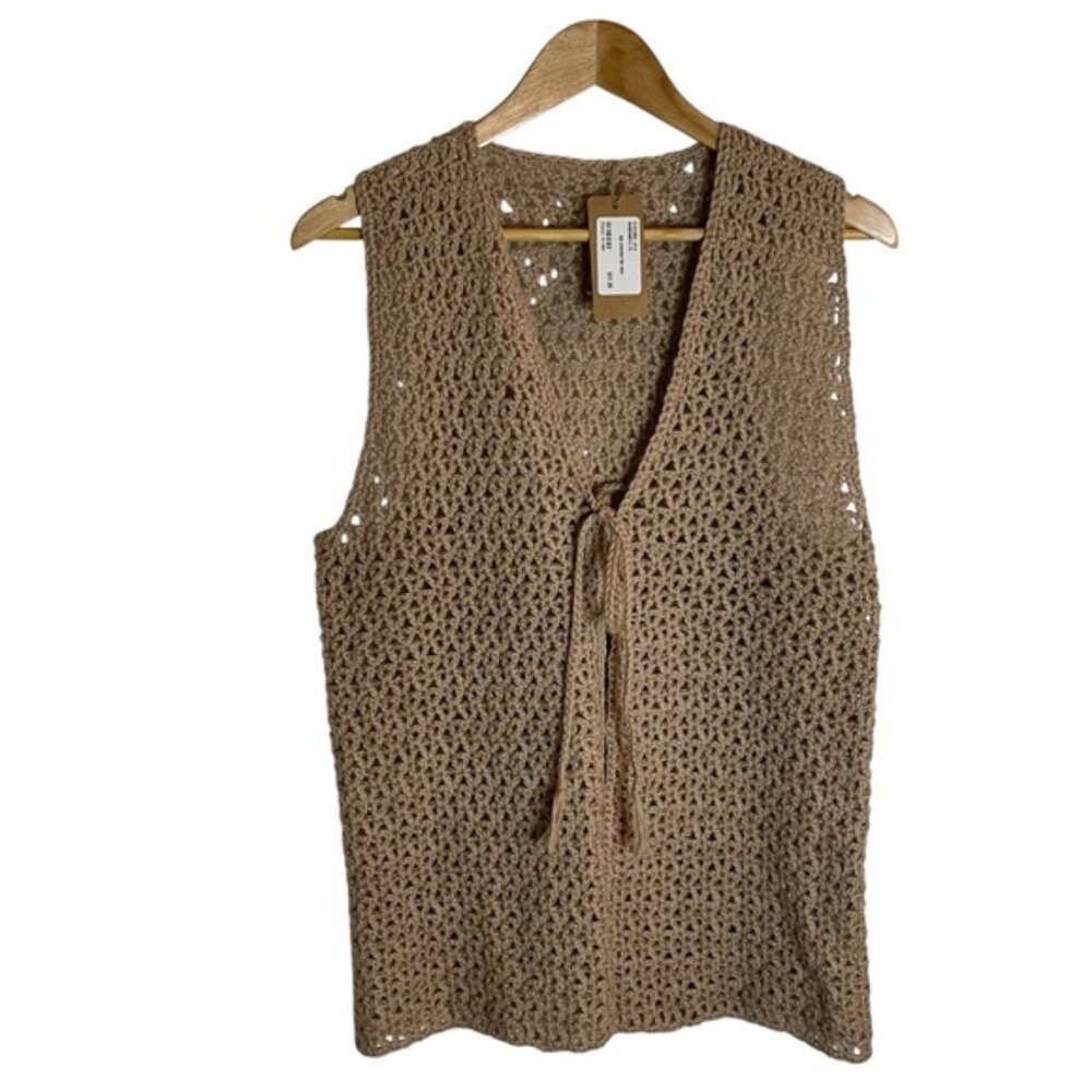 Handmade Vest Tan Crochet Knit Sweater Tie front cottagecore neutral hippie